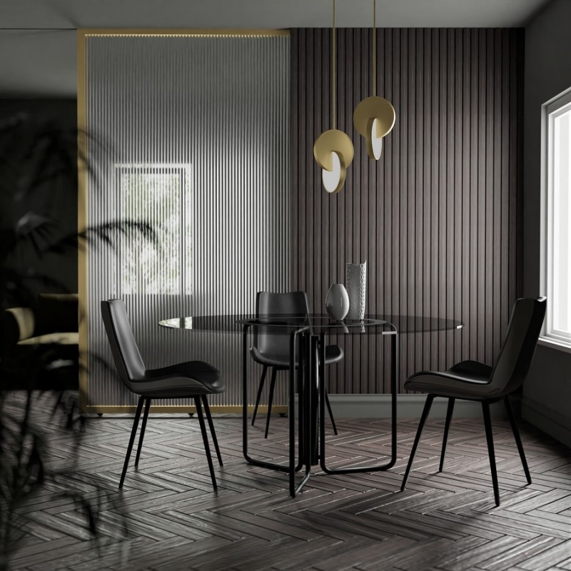 S 75 MACARIO 150 X.ABITAre Macario table fixe art. S75 avec structure en métal et plateau en verre Ø150 cm
