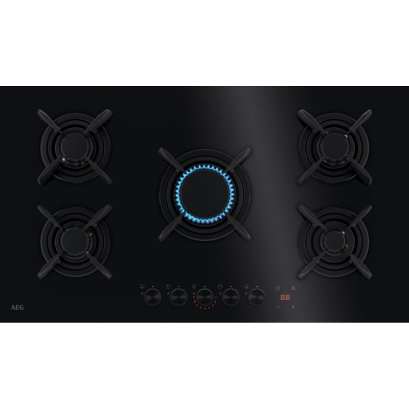 HKB95453NB PRONTA CONSEGNA - AEG Piano cottura a gas FlameLight HKB 95453 NB finitura vetro nero da 88 cm