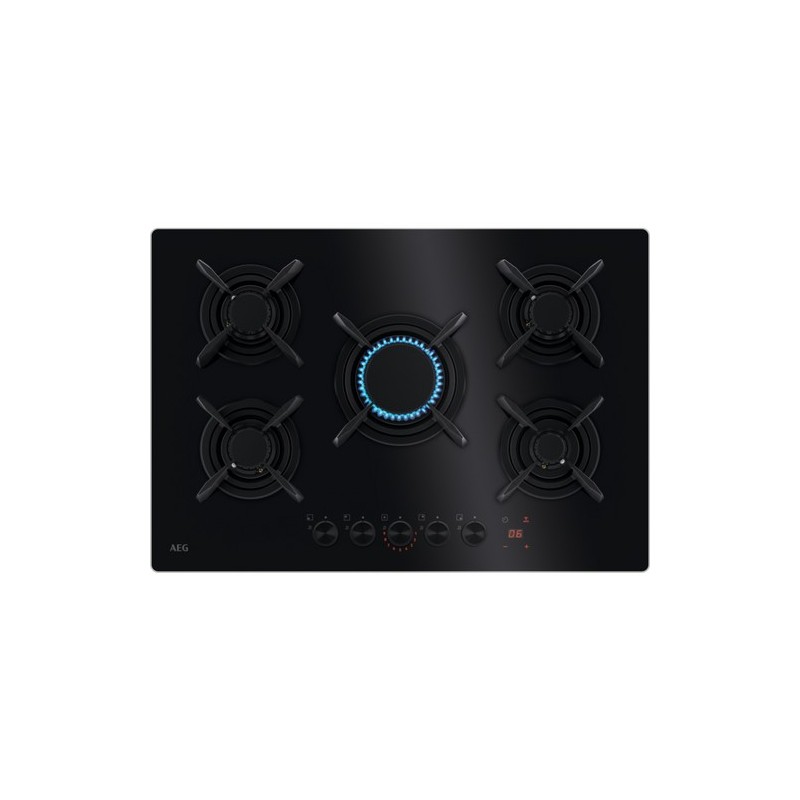 HKB75453NB Table de cuisson à gaz AEG FlameLight HKB 75453 NB 74 cm finition verre noir
