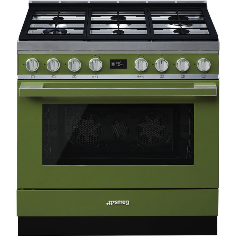 CPF9GPOG Smeg Cucina CPF9GPOG with 90x60 cm pyrolytic fan-assisted oven and gas hob in olive green finish