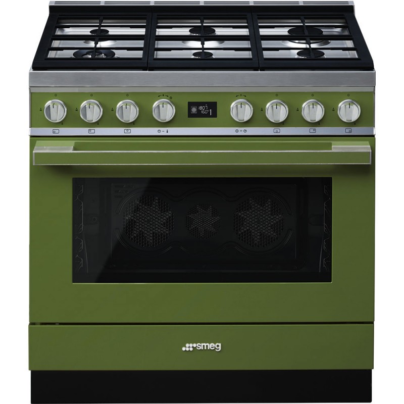 CPF9GPOG Smeg S Cucina CPF9GPOG with pyrolytic fan oven and 90x60 cm olive green finish gas hob