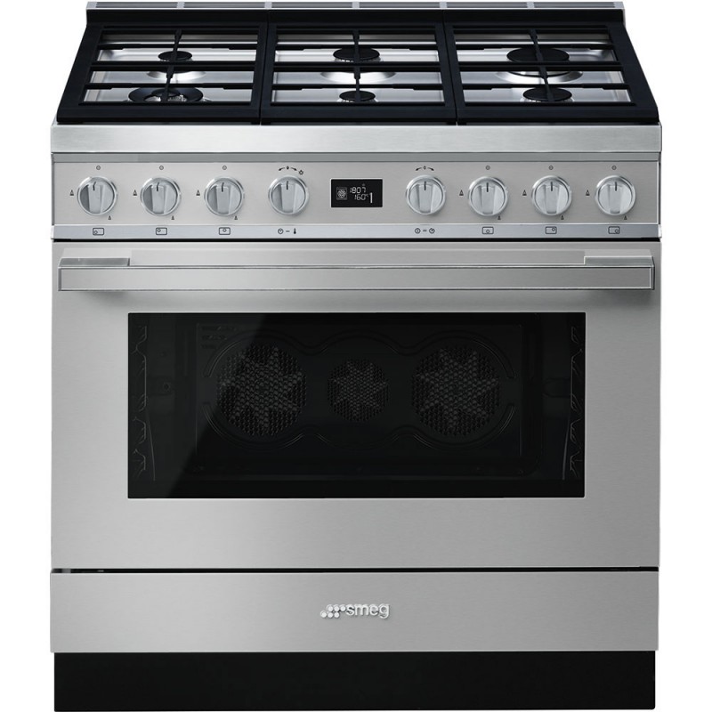 CPF9GPX Cuisine Smeg S CPF9GPX avec four pyrolytique thermoventilé et plaque de cuisson gaz finition inox 90x60 cm