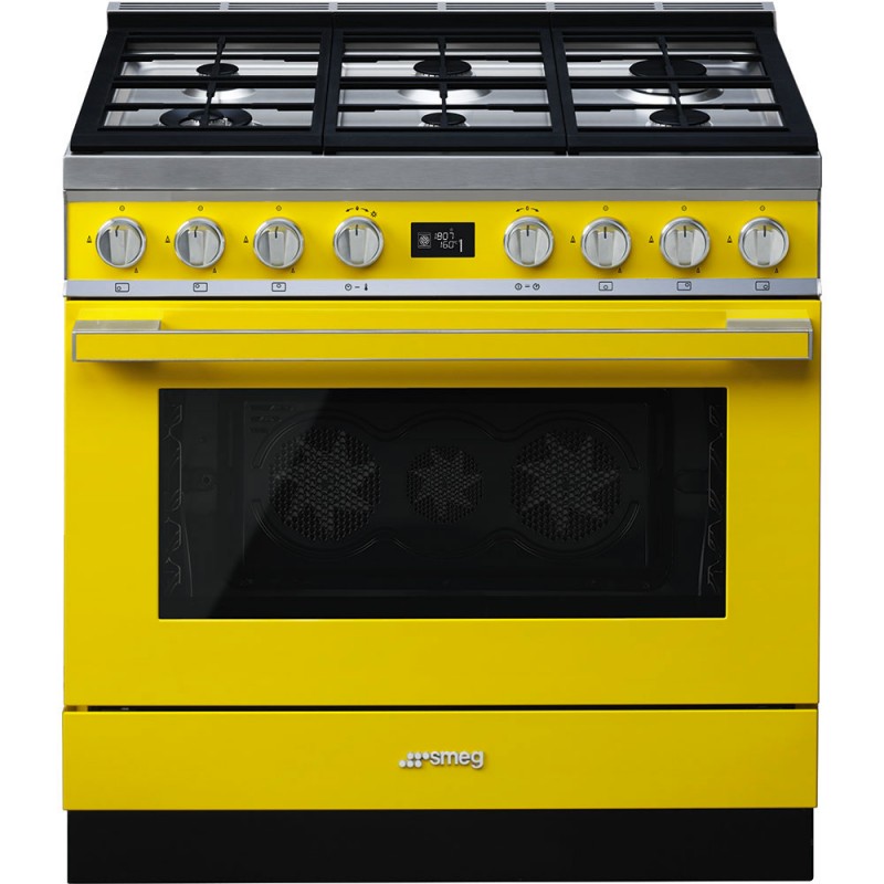 CPF9GPYW Cuisine Smeg S CPF9GPYW avec four pyrolytique thermoventilé et plaque de cuisson gaz finition jaune 90x60 cm