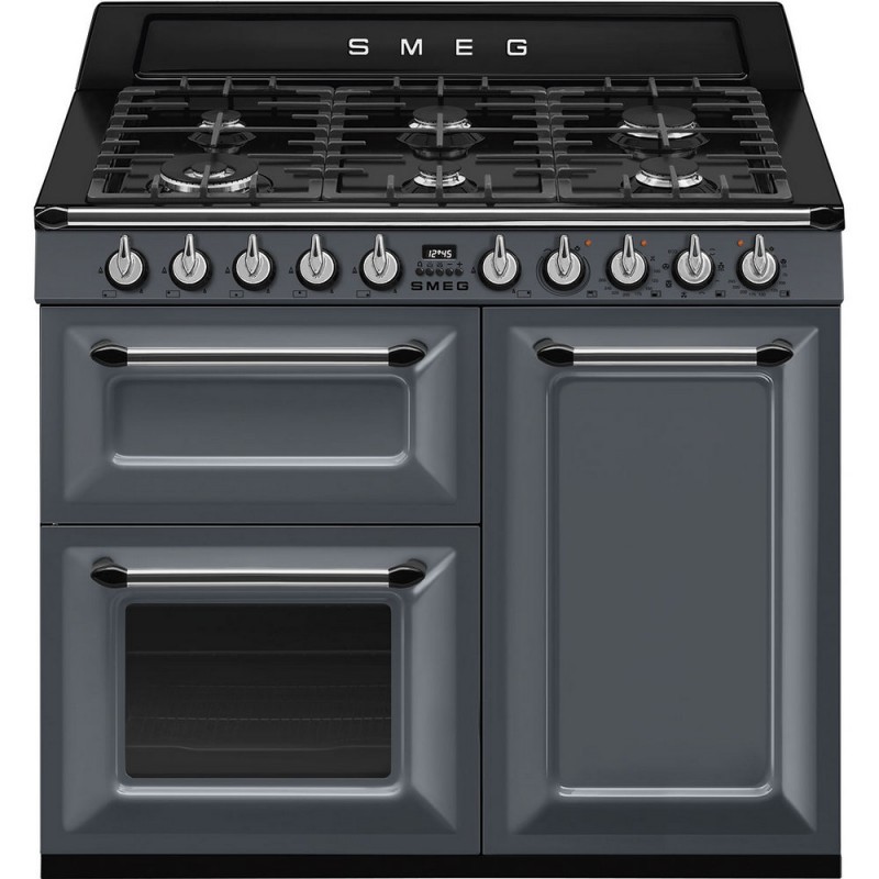 TR103GR Cuisine Smeg S TR103GR avec trois fours et plaque de cuisson à gaz finition Gris Ardoise 100x60 cm