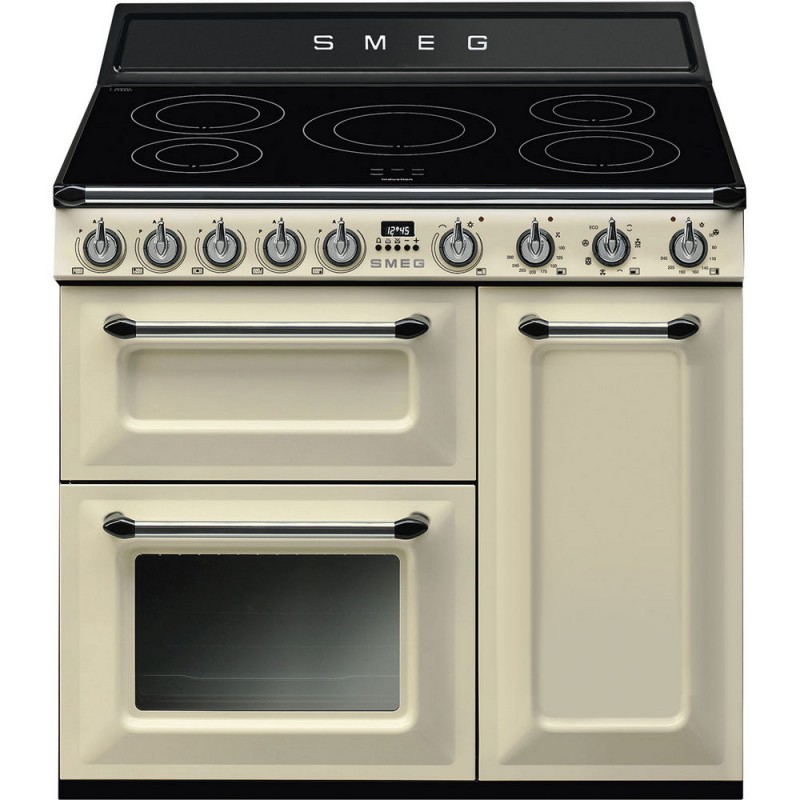 TR93IP2 Cocina Smeg S TR93IP2 con tres hornos y placa de inducción 90x60 cm acabado crema