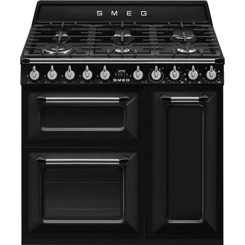 TR93BL Cuisine Smeg S TR93BL avec trois fours et table de cuisson à gaz finition noire 90x60 cm