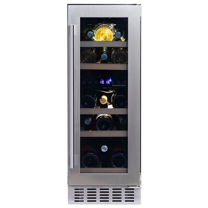 DAUF-17.58DSS#CDE Bodega para vinos Dunavox Flow-17 DAUF-17.58DSS, empotrable o independiente, 29,5 cm, acabado en acero inoxidable.