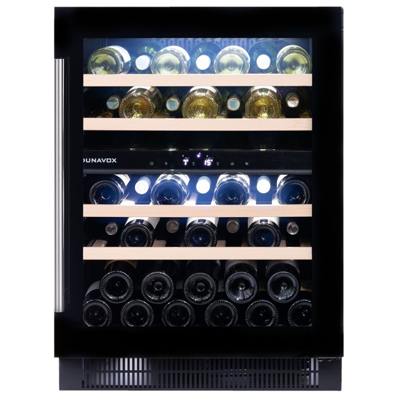 DAUF-39.121DB#CDE Cave à vin encastrable ou pose libre Dunavox Flow-39 DAUF-39.121DB, 59,5 cm, finition verre noir intégral