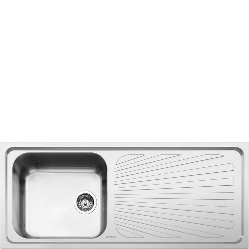 Fregadero Smeg SGE116.1D de un solo seno de 116 cm con escurridor a la derecha, acabado en acero inoxidable cepillado.