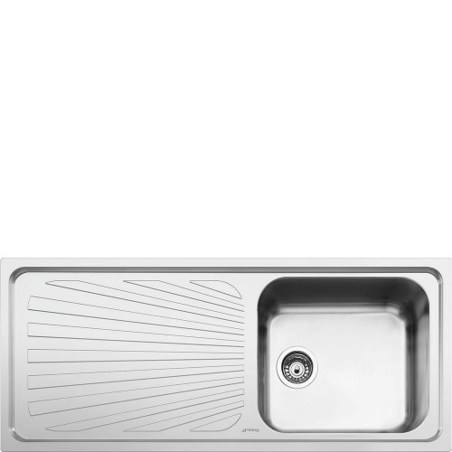 Fregadero Smeg SGE116.1S de un solo seno de 116 cm con escurridor a la izquierda, acabado en acero inoxidable cepillado.