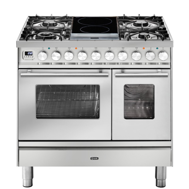 PD09IDWE3 Ilve Cucina PD09W Professional Plus PD09IDWE3 four double et plaque de cuisson avec 4 brûleurs et 2 zones à induction avec 
