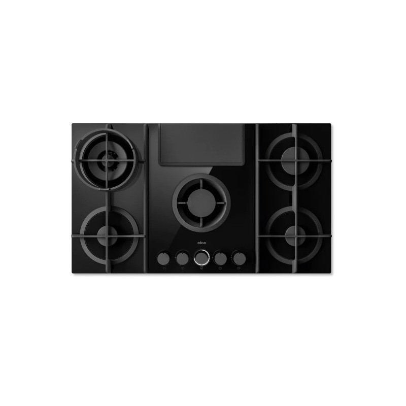PRF0196341 Plaque de cuisson à gaz Elica: NIKOLATESLA FLAME EVO BL/A/88 PRF0196341 88 cm en verre noir et fonte avec hotte.