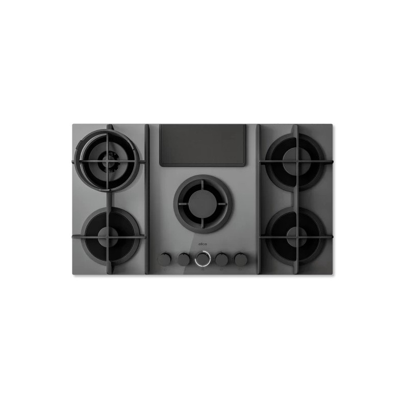 PRF0196343 Plaque de cuisson à gaz Elica NIKOLATESLA FLAME EVO GR/A/88 PRF0196343 88 cm en verre gris et fonte avec hotte.