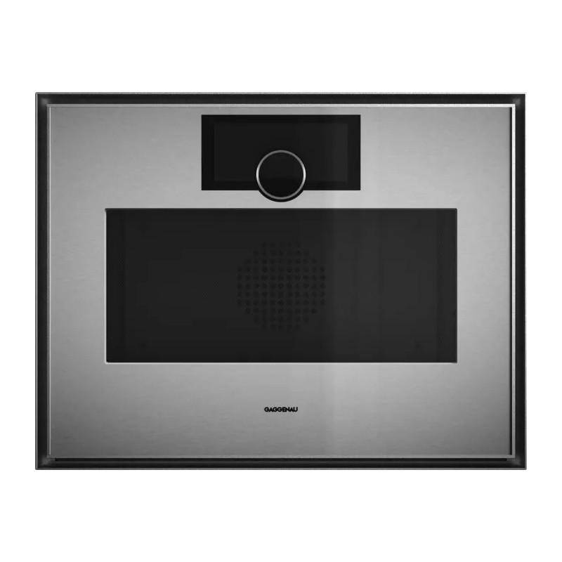 GM 450 120 Horno microondas compacto Gaggenau GM450120 de 60 cm con bisagras a la derecha, acabado en acero inoxidable y cristal ahumado.