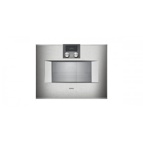 Four mixte vapeur encastrable Gaggenau BS450111 de 60 cm, avec commandes sur le dessus et charnières à droite, finition inox