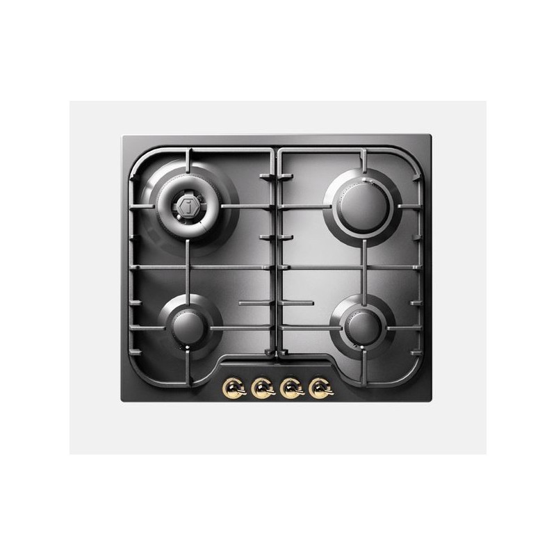  Plaque de cuisson à gaz Ilve Nostalgie HCB60CN, 58 cm, finition graphite mat/laiton