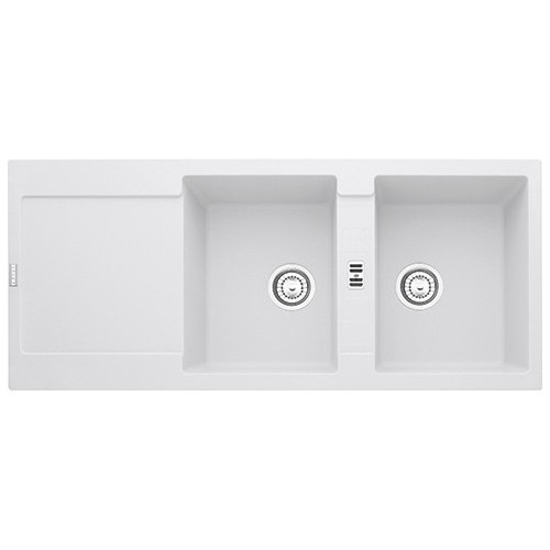 Franke: Évier double bac avec égouttoir Maris MRG 621 114.0153.948, finition fragranite blanche, 116x50 cm