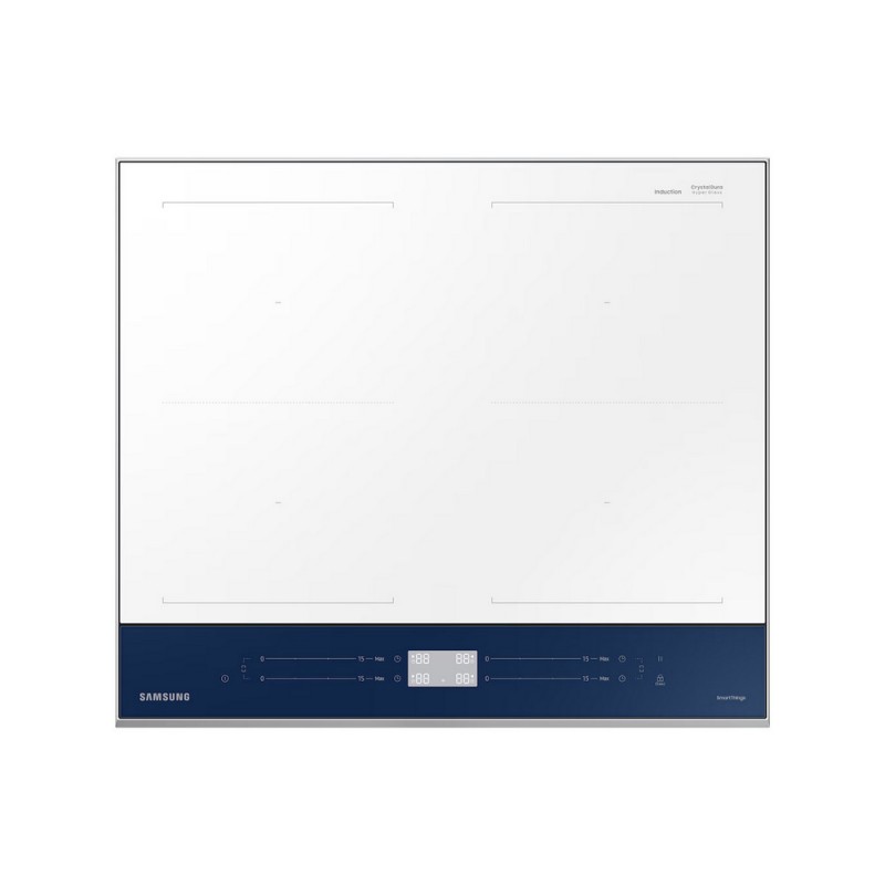 NZ64B5067YJ#OUT Plaque à induction Samsung NZ64B5067YJ 60 cm, finition extra-plate, en vitrocéramique blanche et bleue.