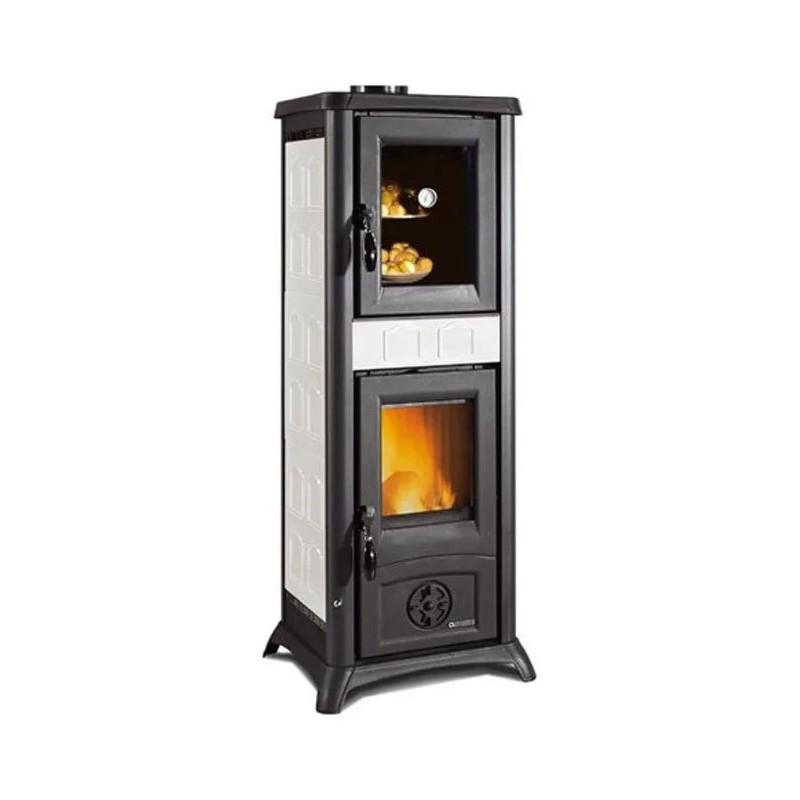 3009301 Estufa de leña La Nordica GEMMA FORNO.165 CERAMICA 3009301 con horno, elegante acabado blanco infinito.