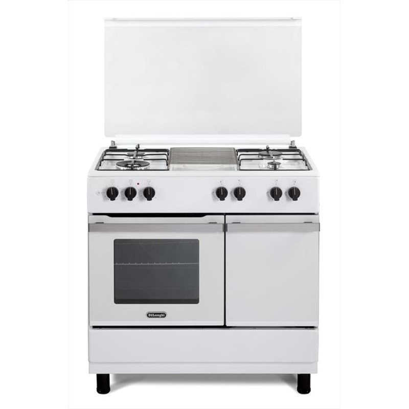 DL964GEWB Cuisinière De Longhi DL964GEWB 90 cm, pose libre, 4 brûleurs et four à gaz, finition blanche