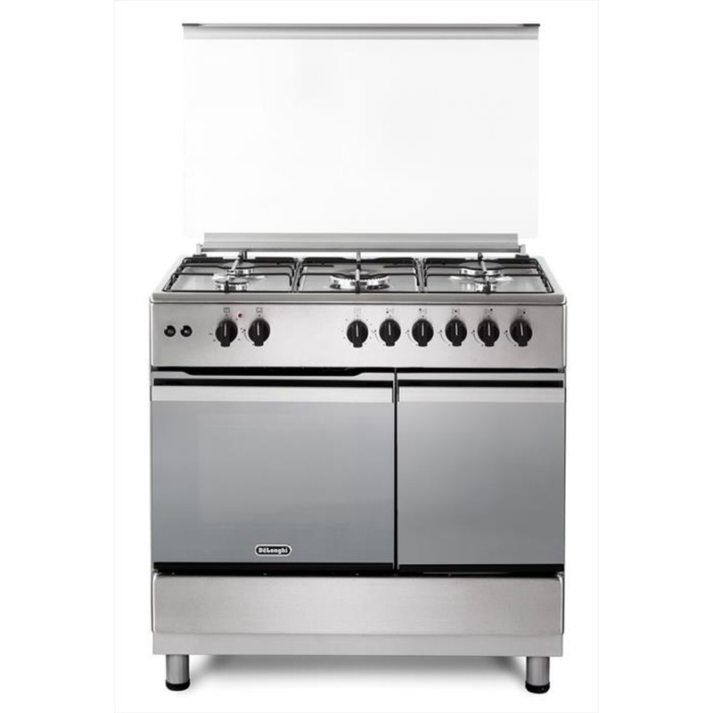 DL965FGXB Cocina independiente De Longhi DL965FGXB de 90 cm, de acero inoxidable, con 5 quemadores y horno eléctrico.
