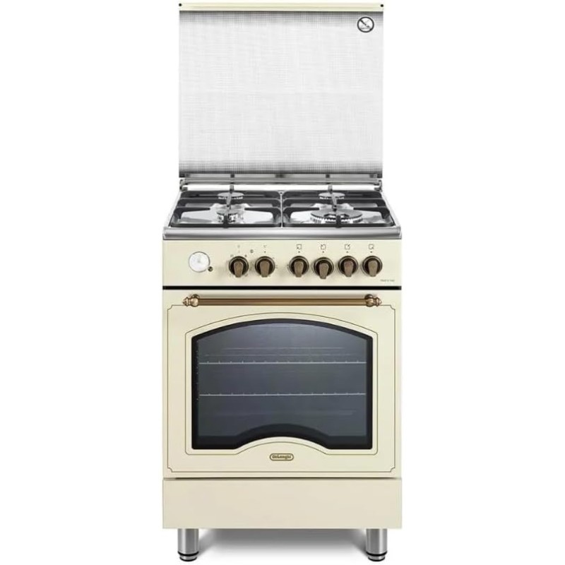 PEMB664CLSG Cuisinière De Longhi PEMB 664 CLSG, pose libre, 4 brûleurs et four électrique multifonction, finition crème, 60 cm