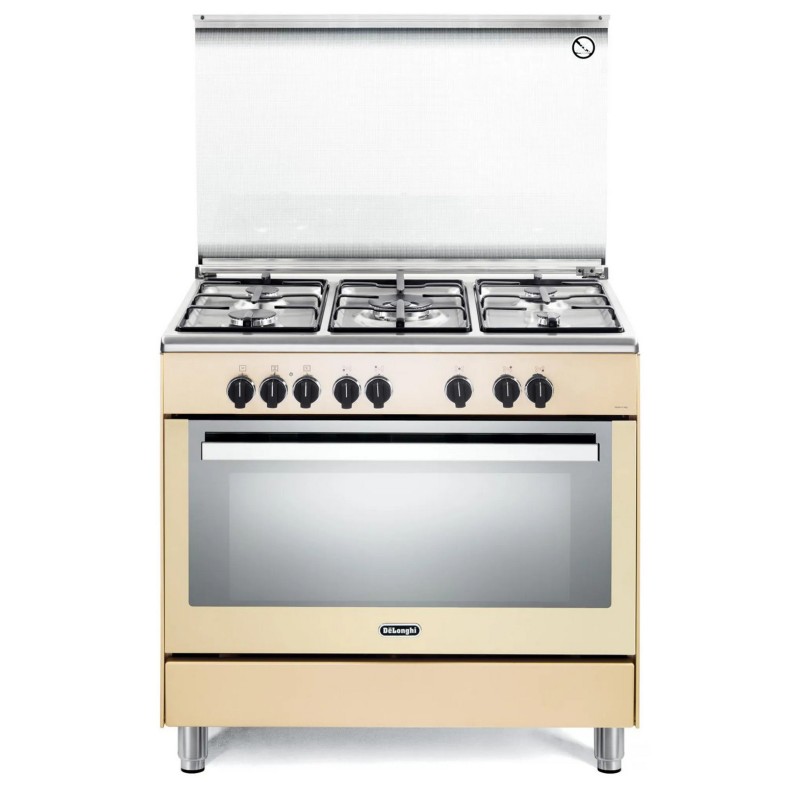 PEMC96SG Cuisinière De Longhi PEMC 96 SG 90 cm, pose libre, 5 brûleurs et four électrique multifonction, finition crème