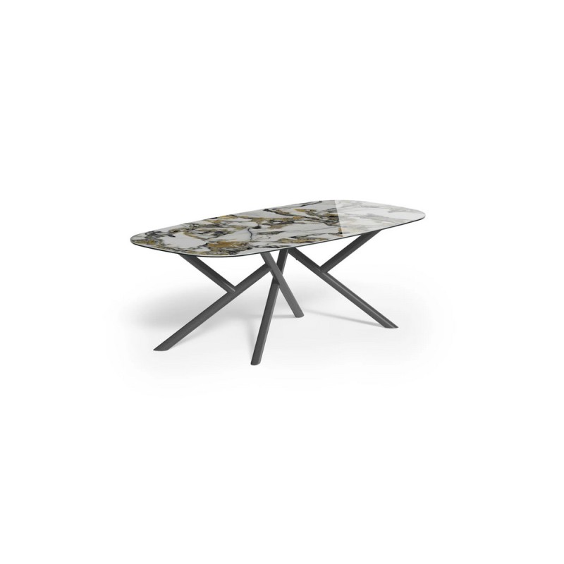 Random Fisso Ovale T252_240110 Mesa fija Ozzio Random, art. T252, con estructura metálica y tablero de cristal ovalado, 240x110 cm.