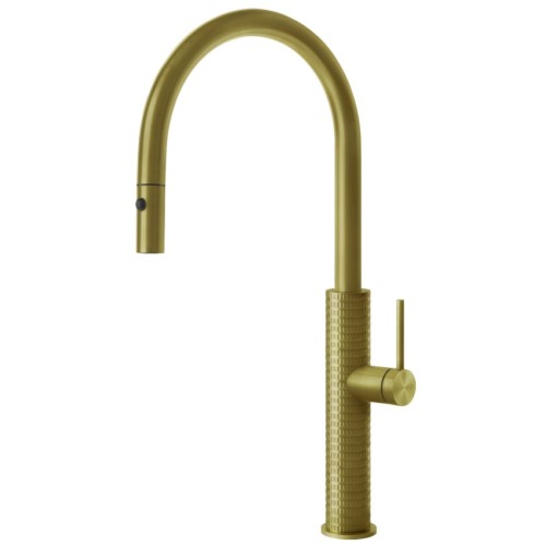 Gessi Kitchen Meccanica single lever mixer with pull-out spray 60024 727 Brass Brushed finish