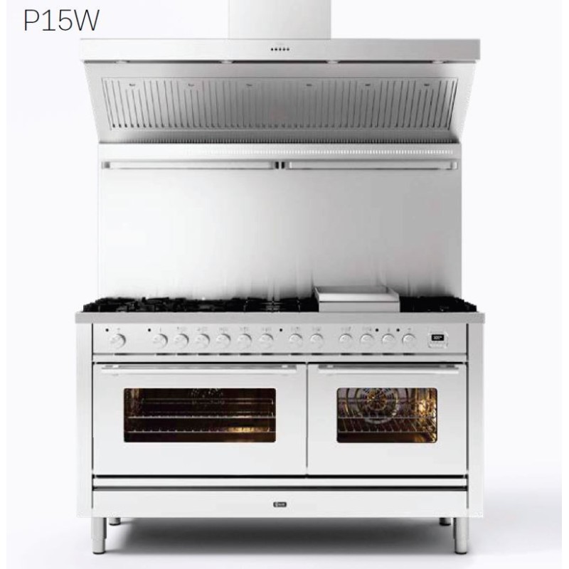  Ilve Cucina P15W Professional Plus P15FSWE3 four double et plaque de cuisson 7 feux avec fry top et coupe-feu de 150 cm