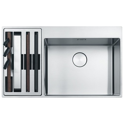 Franke: Évier à une cuve avec compartiment à accessoires à gauche, Box Center BWX 220-54-27 127.0538.260, acier satiné, 