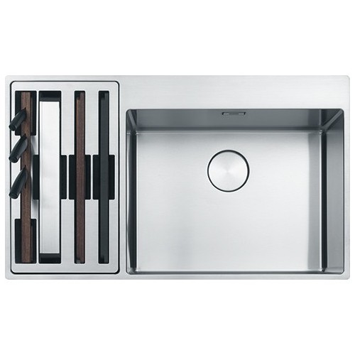 Franke Sink one bowl with accessory compartment on the left Box Center BWX 220-54-27 127.0538.260 satin stainless steel finis