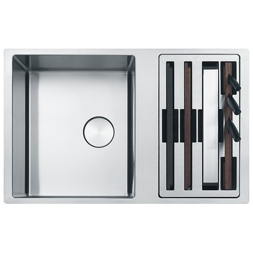Franke: Évier à une cuve avec compartiment à accessoires réversible, Box Center BWX 120-41-27 122.0579.553, finition acie