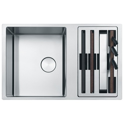 Franke Single bowl sink with reversible accessory compartment Box Center BWX 120-41-27 122.0579.553 satin stainless steel fin