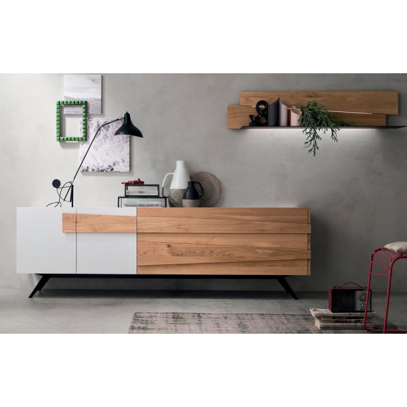  Buffet sur pied Maronese Acf SCUDERIA avec base en métal L.213 cm - 2 portes et 1 tiroir avec poignée en chêne