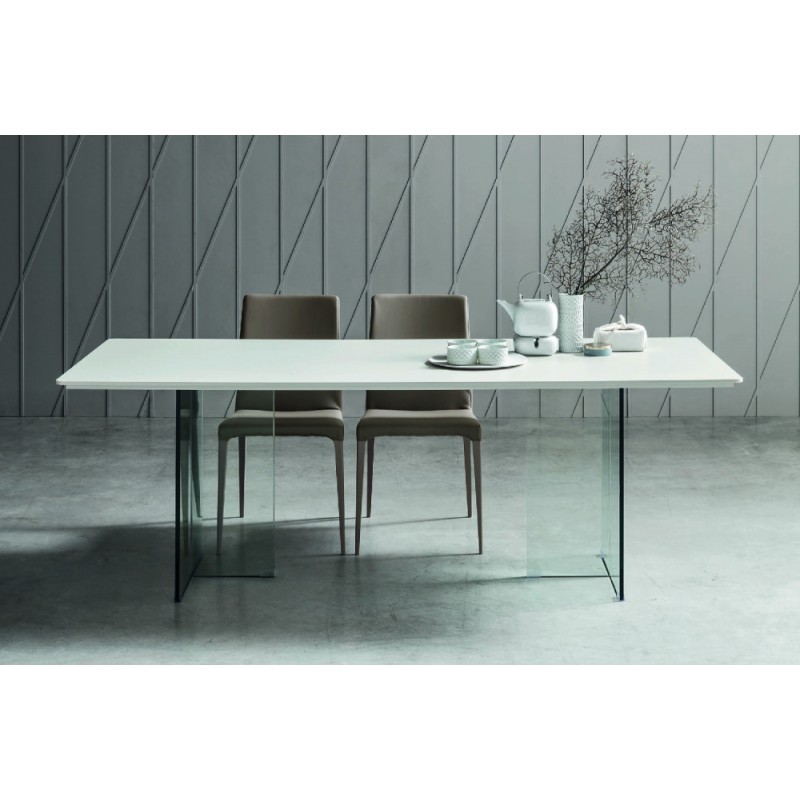  Mesa fija maronesa Acf GELIUS con estructura de cristal y tapa de madera de 200 cm de largo