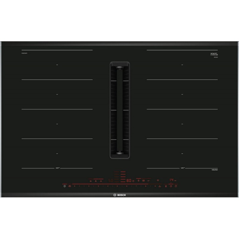  Plaque de cuisson à induction Bosch PXX875D67E 80 cm en vitrocéramique noire avec hotte intégrée - Série 8
