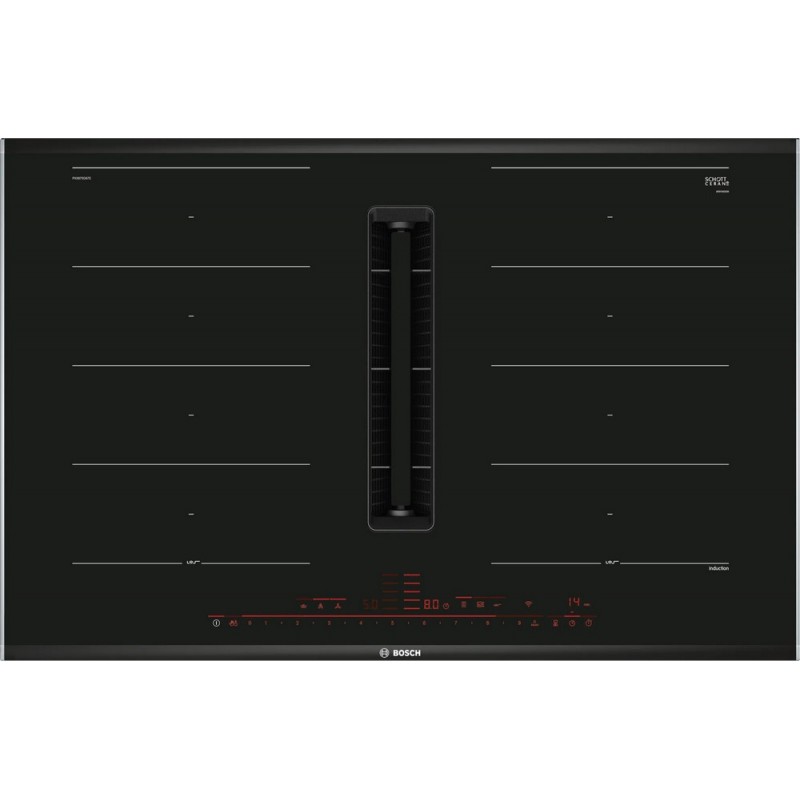  Table de cuisson à induction Bosch avec hotte intégrée EXxtra PXX875D67E en vitrocéramique noire 80 cm - Série 8
