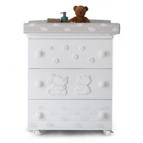Pali Bagnetto fasciatoio a tre cassetti Dodo finitura bianco da 76 cm - Con vaschetta richiudibile e imbottitura