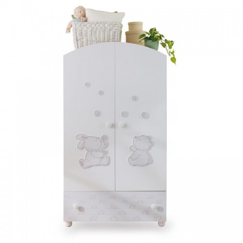 Armario Pali de dos puertas y un cajón Dodo 100 cm acabado blanco - Incluye 2 estantes + barra para colgar ropa