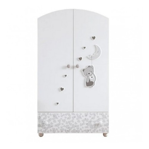 Pali Wardrobe with two doors and one drawer Moon 100 cm white and gray finish - Includes 2 shelves + clothes rail