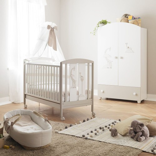 Pali Lit bébé Savana finition blanc et gris tourterelle 132x72 cm - Avec roues