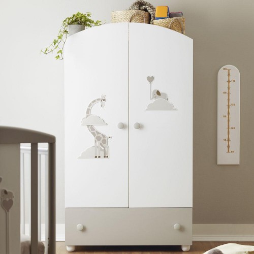 Pali Wardrobe with two doors and one drawer Savana 100 cm white and dove gray finish - Includes 2 shelves + clothes rail