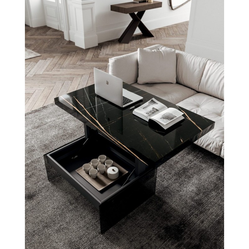  Ozzio Tavolino trasformabile Bellagio art. T061 con struttura in metallo e vetro e piano a scelta da 117x68 cm