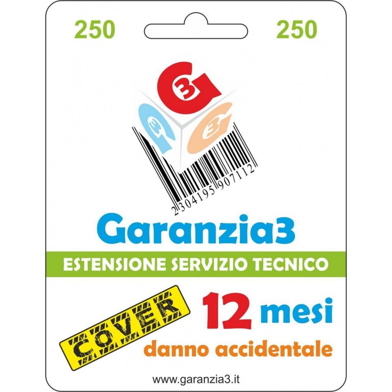 Garantía3 Cobertura 250 - Cobertura contra daños accidentales durante 12 meses con una cobertura máxima de 250 euros