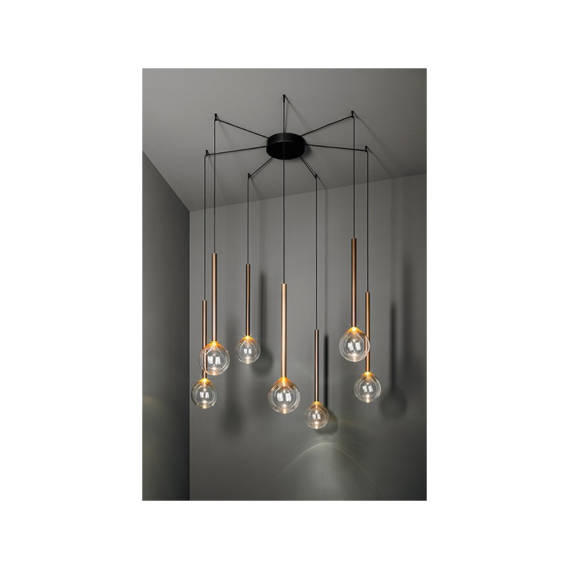 Sofi_sos_7elementi Bonaldo Suspension lamp 7 lights Sofì in burnished brass metal and amber glass