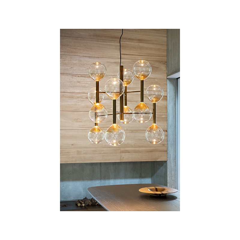 Sofi_sos_13elementi Bonaldo Suspension lamp 13 lights Sofì in burnished brass metal and amber glass