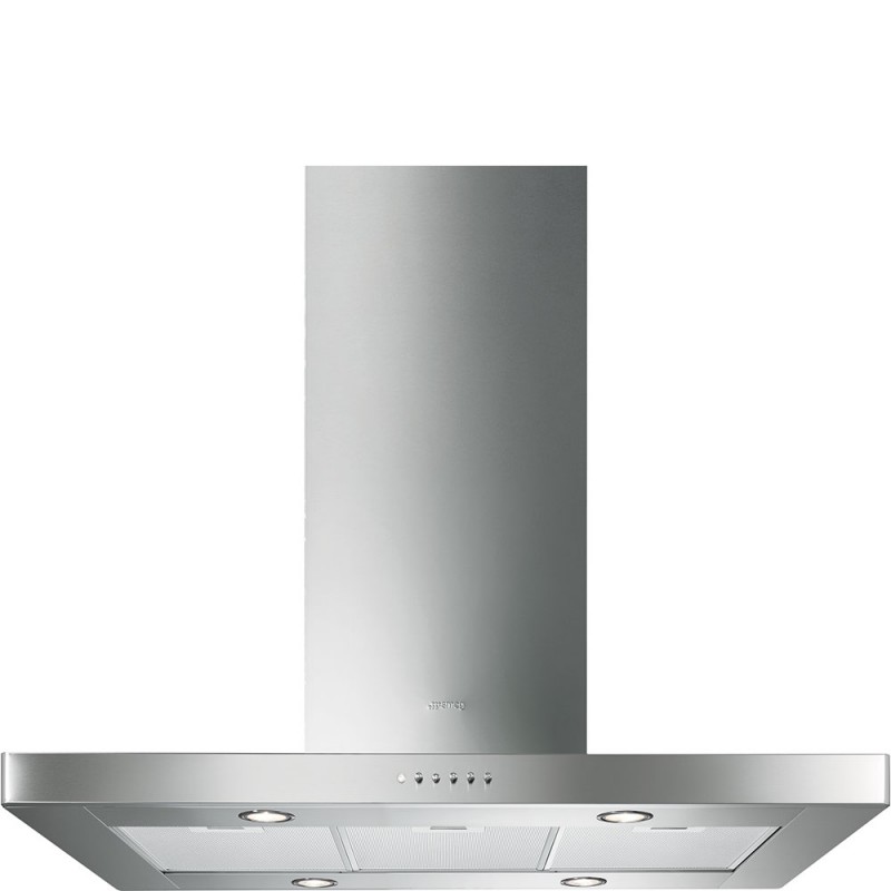 KI90XE Campana extractora de isla Smeg KI90XE de 90 cm con acabado en acero inoxidable.