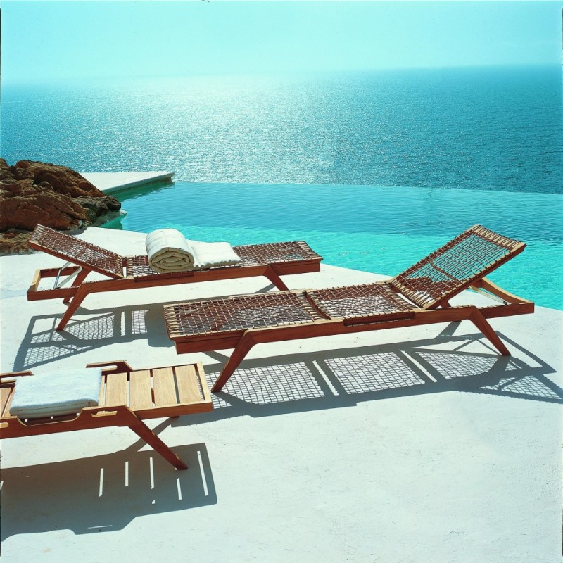 SYNTHESIS LESY Unopiù SYNTHESIS stackable sunbed with wooden structure and seat in synthetic fiber - With or without cushion