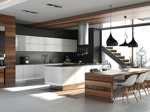 Cucina completa arredata con elettrodomestici e tavolo di design